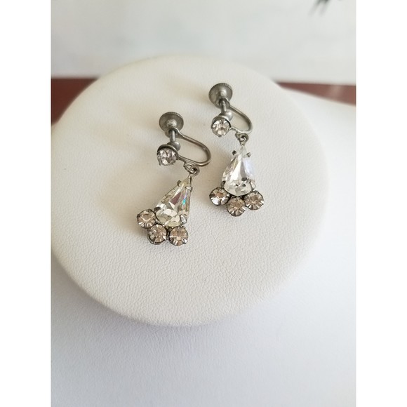 Clear Rhinestone Dangling Drop Screwback Earrings - Picture 3 of 10